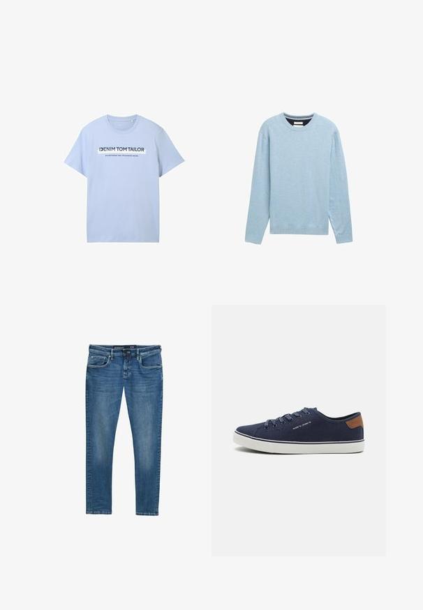 Lyseblå sweatshirt lavet af blød stof, med rund hals, lange ærmer, ribbede manchetter og en diskret logo detalje på brystet.; Lysblå bomulds t-shirt med korte ærmer og rund hals. Frontgrafik inkluderer "DENIM TOM TAILOR" og "etableret to tusinde og syv."; Blå denim jeans med lige ben, fem-lomme design, subtil vask på lårene, og en waistband label der angiver størrelse 31/32.; Marineblå canvas sneakers med hvide gummisåler, der har koordinerede snørebånd, en brun læderdetalje ved hælen og minimalistiske designdetaljer.