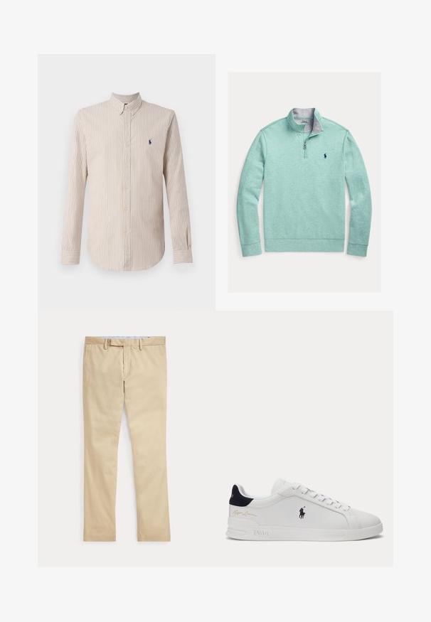 Sudadera de cuello con cremallera hasta un cuarto en verde claro, con un forro interior gris en el cuello y un logo azul marino en el pecho, fabricada con un tejido suave y texturizado.; Camisa de manga larga a rayas en crema y marrón claro, con cuello abotonado y un pequeño logotipo en navy en el pecho.; Pantalones beige de corte recto con trabillas para cinturón y cremallera frontal, colocados planos sobre un fondo blanco.; Zapatilla blanca de perfil bajo con logo de jugador de polo negro en el lateral, lengüeta trasera azul marino, cordones blancos y "Ralph Lauren" firma dorada cerca del talón