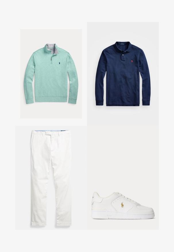 Lysegrøn kvart-lynlås sweatshirt med grå indvendig krave og marineblåt logo på brystet, med et blødt, struktureret stof.; Marineblå langærmet polo-shirt lavet af bomuld, med en to-knaps placket, ribbede manchetter og et lille rødt logo på venstre bryst.; Hvide bomulds-chinos med flad front, bæltestropper, sidelommer og en glat tekstur, med en blå indvendig linning.; Hvid lavtopet lædersneaker med hvide snørebånd og et gyldent Polo Ralph Lauren-logo på siden samt "Polo" præget på sålen.
