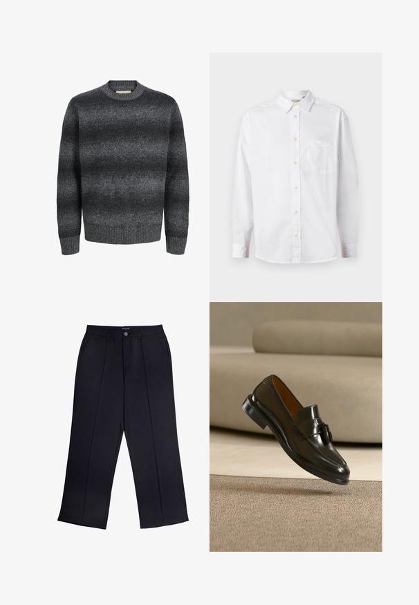 Jersey de hombre gris oscuro con cuello redondo, mangas largas y un sutil patrón de degradado horizontal en tejido texturizado.; Camisa blanca de manga larga con botones, cuello y bolsillo en el pecho, exhibida sobre un fondo claro y liso.; Pantalones de pierna ancha negros de tejido suave que cuentan con cremallera, cierre de botón y bolsillos frontales. Detalle de pliegue notable a lo largo de cada pierna.; Zapato mocasín de cuero negro con borlas flotando sobre una alfombra beige con un sofá beige al fondo.