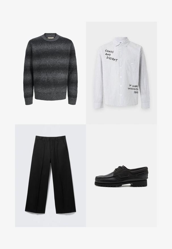 Pull ras du cou pour hommes de couleur gris foncé avec manches longues et un motif subtil en dégradé horizontal en tricot texturé.; Chemise blanche boutonnée avec de fines rayures verticales noires et un texte noir indiquant « CHAOS AND DISSENT » et « IN SEARCH UNCONDITIONAL FREE » sur le devant.; Pantalon large noir avec passants pour ceinture, poches avant et fermeture éclair, présenté sur un fond gris clair.; Chaussure noire avec un dessus en cuir, des accents textiles, des lacets ronds et une semelle en caoutchouc texturé. Présente des coutures mocassins et des détails de marque.