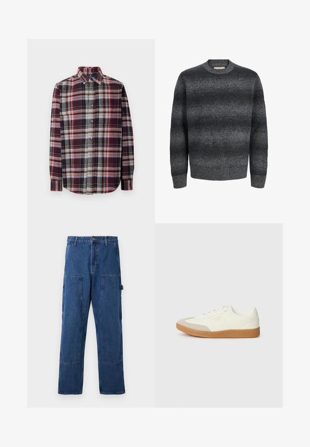 Mørkegrå herresweater med rund hals, lange ærmer og et diskret horisontalt gradientmønster i tekstureret strik.; Skjorte med ternet mønster og krave. Den indeholder burgunder, grå og crème nuancer med et struktureret stof. Lange ærmer og detaljeret lomme foran.; Blå denim cargo bukser med lige ben, to store sidelommer og en knaplukning i taljen. Robust tekstur og struktureret design.; Sneaker lavet af hvid læder med en beige tåhætte og let brunt gummisål. Har flade hvide snørebånd og prægede branding på siden.
