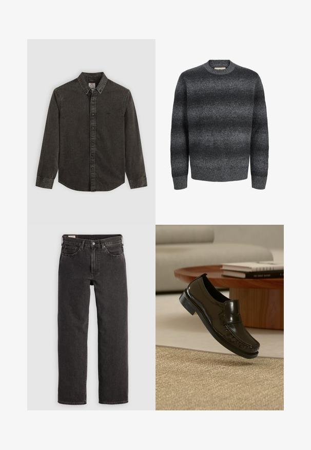 Pull ras du cou pour hommes de couleur gris foncé avec manches longues et un motif subtil en dégradé horizontal en tricot texturé.; Chemise en denim gris foncé avec manches longues, col boutonné et fermeture à l'avant par boutons. Possède des coutures décoratives et un petit logo sur la poitrine.; Jeans en denim noir avec une coupe droite, cinq poches et des tringles métalliques. Le tissu présente une légère texture et une finition unie.; Mocassin en cuir noir à enfiler flottant au-dessus d'un tapis beige tissé avec une table basse en bois et des livres en arrière-plan.