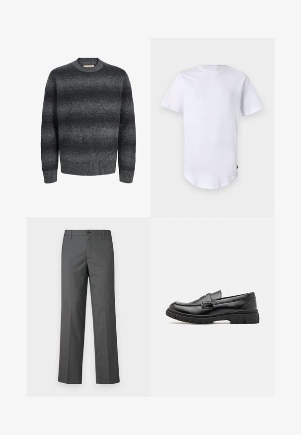 Jersey de hombre gris oscuro con cuello redondo, mangas largas y un sutil patrón de degradado horizontal en tejido texturizado.; Camiseta blanca de manga corta hecha de algodón. Diseño de cuello redondo con dobladillo curvado. Etiqueta visible en el lado inferior izquierdo. Textura suave.; Pantalones gris claro a medida, hechos de un tejido texturizado, con piernas rectas, cierre de botón y trabillas para cinturón. Sin patrones ni acentos visibles.; Mocasin de cuero negro con una cinta ancha en el empeine, suela de goma con tacos gruesos y textura suave. Diseño clásico y elegante.