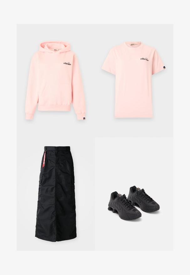 Lyserød hættetrøje med forlomme, lange ærmer, ribstrikkede manchetter og sort "ellesse"-logo på brystet og ærmekanten.; Lyserød kortærmet t-shirt med rund hals, lille sort "ellesse" logo på venstre bryst og en sort mærkat med logo på venstre ærme.; Sort lang nederdel med frontknap og lynlås, sidelommer, og et rødt "Remove Before Flight" stofmærke på taljen.; Sorte atletiske sko med en glat syntetisk overdel, teksturerede detaljer, snørebåndsdesign og synlig fjederaffjedring ved hælen.