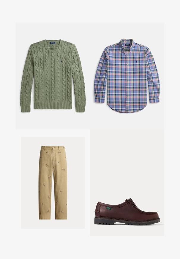 Suéter verde de punto grueso con cuello redondo, puños y dobladillo acanalados, y un pequeño logo bordado en el pecho. Textura y peso medio.; Camisa abotonada con patrón de cuadros en azul y acentos en rosa, verde y blanco. Mangas largas, con cuello y dobladillo curvo. Presenta un logotipo en el pecho.; Pantalones de pana beige con diseños bordados de perros, corte recto y estilo de cinco bolsillos con cierre de botón frontal.; Zapato estilo mocasín de cuero marrón oscuro con suela negra resistente y etiqueta con el logo verde de Polo en el lateral, mostrado en vista lateral.