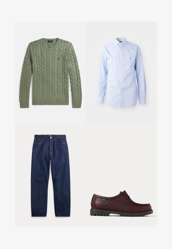Suéter verde de punto grueso con cuello redondo, puños y dobladillo acanalados, y un pequeño logo bordado en el pecho. Textura y peso medio.; Camisa de manga larga a rayas en azul claro, fabricada en algodón. Presenta un collar con botones, tapeta con botones y un logo bordado en el pecho.; Vaqueros de mezclilla azul oscuro con perneras rectas, cinco bolsillos, cierre de botones y costuras visibles.; Zapato estilo mocasín de cuero marrón oscuro con suela negra resistente y etiqueta con el logo verde de Polo en el lateral, mostrado en vista lateral.