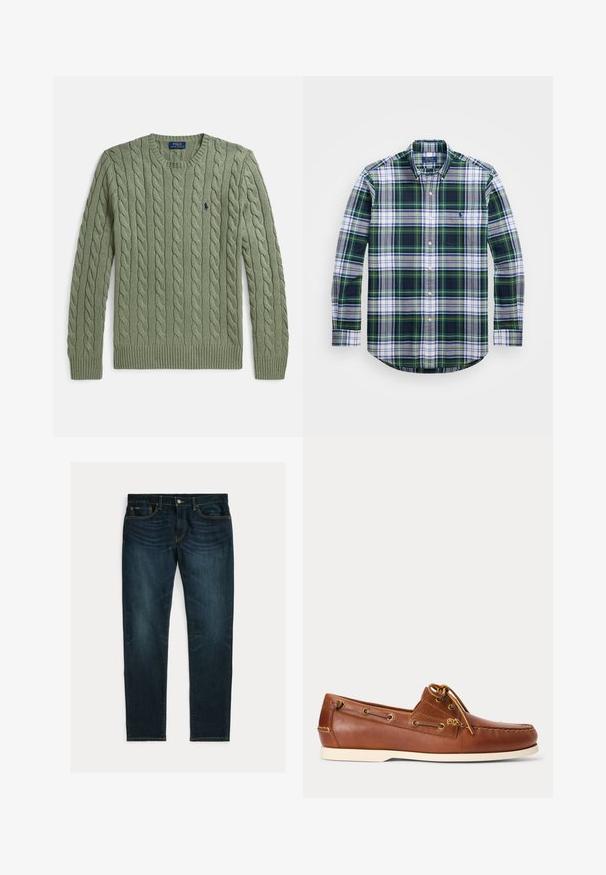 Groene kabelgebreide trui met ronde hals, geribbelde manchetten en zoom, en een klein geborduurd logo op de borst. Gestructureerd en van gemiddelde dikte.; Groene, blauwe en witte geruite blouse met lange mouwen en een borstzak, voorzien van een afgeronde zoom. De stof heeft een zachte textuur. Polo-logo op de zak.; Donkerblauwe slim-fit jeans met lichte vervaging en vijfzakkenontwerp, plat gelegd op een witte achtergrond.; Bruine leren bootschoen met witte zool, veter gestrikt bovenaan en metalen veterogen langs de zijkanten en voorste stiksels.