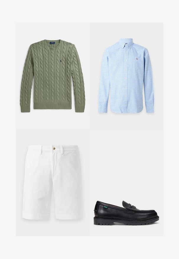 Suéter verde de punto grueso con cuello redondo, puños y dobladillo acanalados, y un pequeño logo bordado en el pecho. Textura y peso medio.; Camisa de manga larga a cuadros en azul claro y blanco, con cuello abotonado y pequeño logo bordado en el pecho.; Pantalones cortos de algodón blanco con un ajuste relajado, que presentan un cierre frontal con botón, trabillas para cinturón y un diseño de frente plano. Textura suave y corte hasta la rodilla.; Mocasín de cuero negro con suela gruesa estriada y pequeña etiqueta verde "Polo" en el lado exterior cerca del talón.
