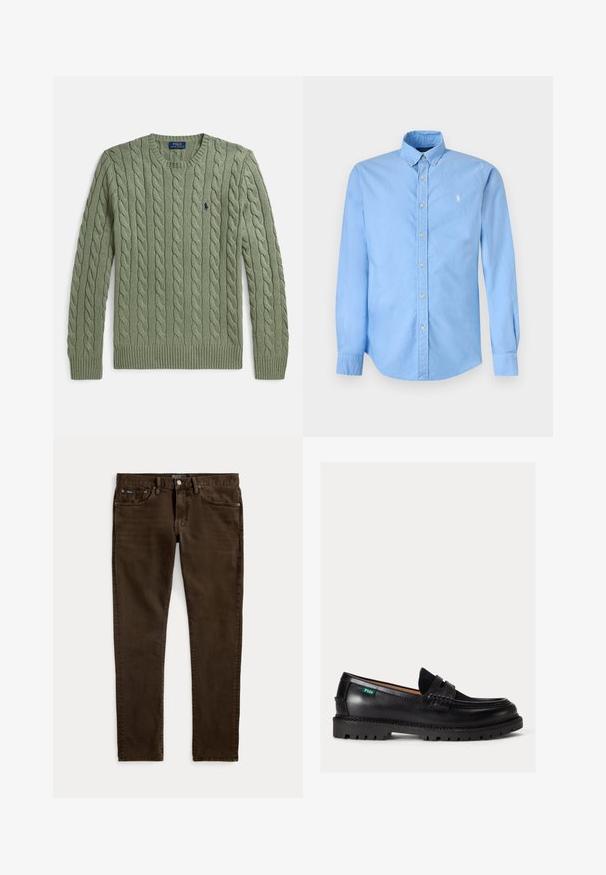 Suéter verde de punto grueso con cuello redondo, puños y dobladillo acanalados, y un pequeño logo bordado en el pecho. Textura y peso medio.; Camisa azul claro de manga larga con botones, cuello abotonado y pequeño logo de caballo bordado en blanco en el pecho izquierdo.; Vaqueros ajustados de color marrón oscuro con cinco bolsillos, cierre de botón y cremallera, y etiquetas visibles de la marca Polo en la cintura y el bolsillo delantero.; Mocasín de cuero negro con suela gruesa, puntera redondeada y etiqueta verde con el logo Polo en el lateral.