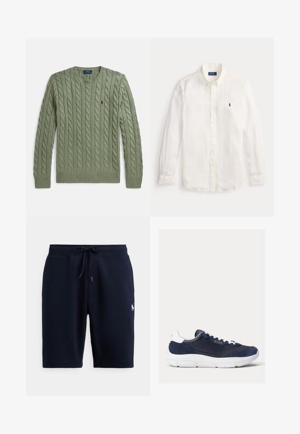 Groene kabelgebreide trui met ronde hals, geribbelde manchetten en zoom, en een klein geborduurd logo op de borst. Gestructureerd en van gemiddelde dikte.; Witte linnen overhemd met lange mouwen, met een klassieke kraag en een klein blauw geborduurd logo op de linkerborst.; Marineblauwe katoenen sportshorts met een elastische tailleband, trekkoord en logo-accent aan de linkerkant. Gladde textuur, tot aan de knieën.; Marineblauwe sneaker met een mix van glad leer en suède bovenwerk, witte rubberen zool en contrasterende witte veters met logo-accent aan de zijkant.