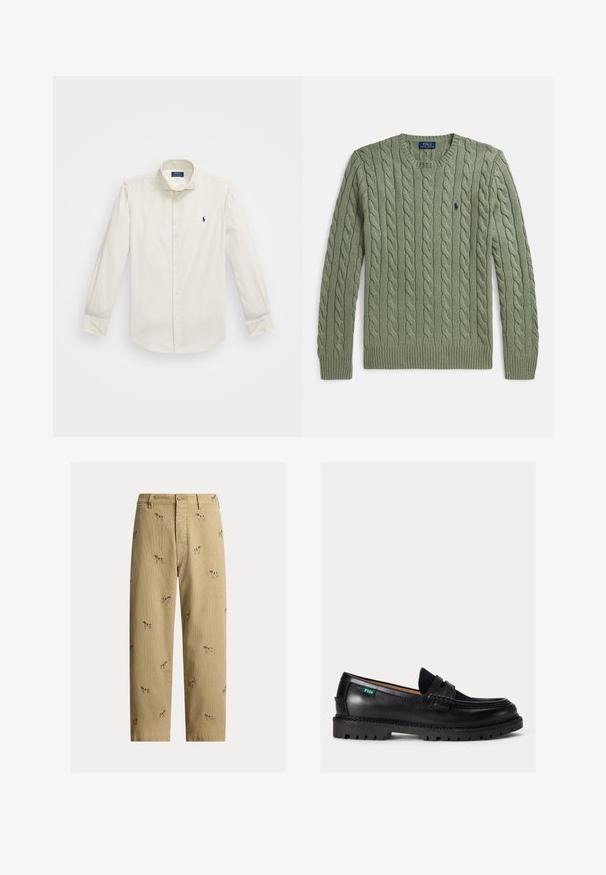 Grøn kabelstrikket sweater med rund hals, ribkanter ved ærmer og kant samt et lille broderet logo på brystet. Strukturen er tekstureret og af medium vægt.; Hvid langærmet skjorte lavet af bomuld, med krave der lukkes med knapper, en enkelt brystlomme og en lille marineblå logo på venstre side.; Beige fløjlsbukser med broderede hundemotiver, lige ben, fem lommer og knaplukning foran.; Sort læderloafer med chunky sål, rundet tå og grøn Polo-logo tag på siden.