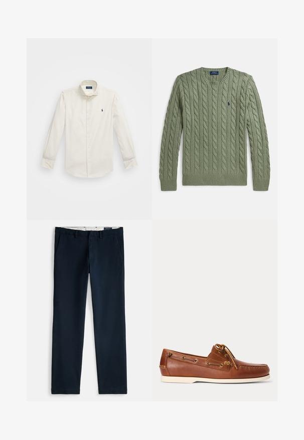 Grøn kabelstrikket sweater med rund hals, ribkanter ved ærmer og kant samt et lille broderet logo på brystet. Strukturen er tekstureret og af medium vægt.; Hvid langærmet skjorte lavet af bomuld, med krave der lukkes med knapper, en enkelt brystlomme og en lille marineblå logo på venstre side.; Marineblå chinos med lige ben, skrå forlommer, bæltestropper og hvidt inderfoer.; Brun læder bådsko med hvid sål, snørebånd bundet foroven og metal-øjer langs siderne og i forreste syning.
