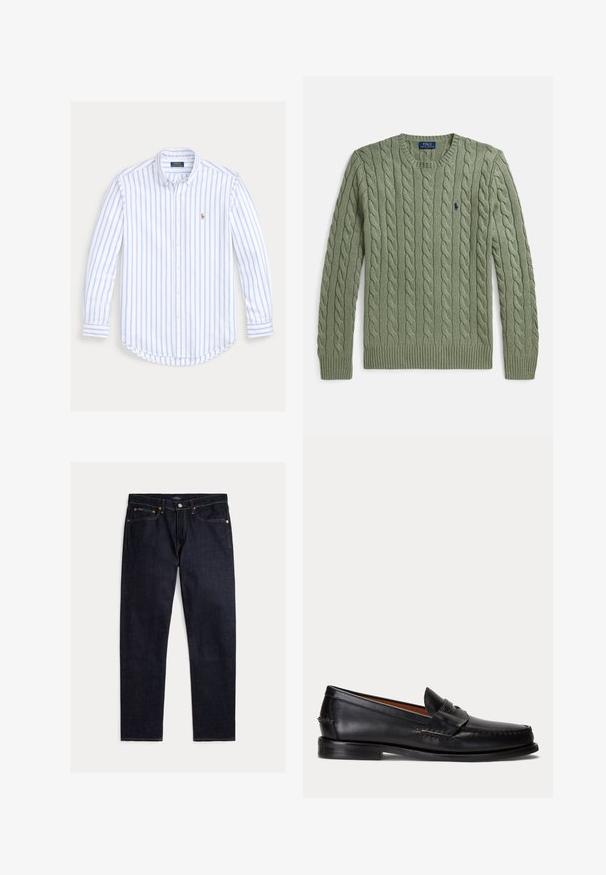 Suéter verde de punto grueso con cuello redondo, puños y dobladillo acanalados, y un pequeño logo bordado en el pecho. Textura y peso medio.; Camisa de manga larga con botones, con rayas verticales azul claro y un pequeño logo bordado en el pecho izquierdo.; Vaqueros rectos de índigo oscuro con cinco bolsillos, cierre de botón y cremallera, y costuras naranjas en contraste sobre un fondo liso.; Mocasín negro de cuero con tacón bajo y detalle de correa para moneda, mostrado de lado sobre un fondo gris claro.