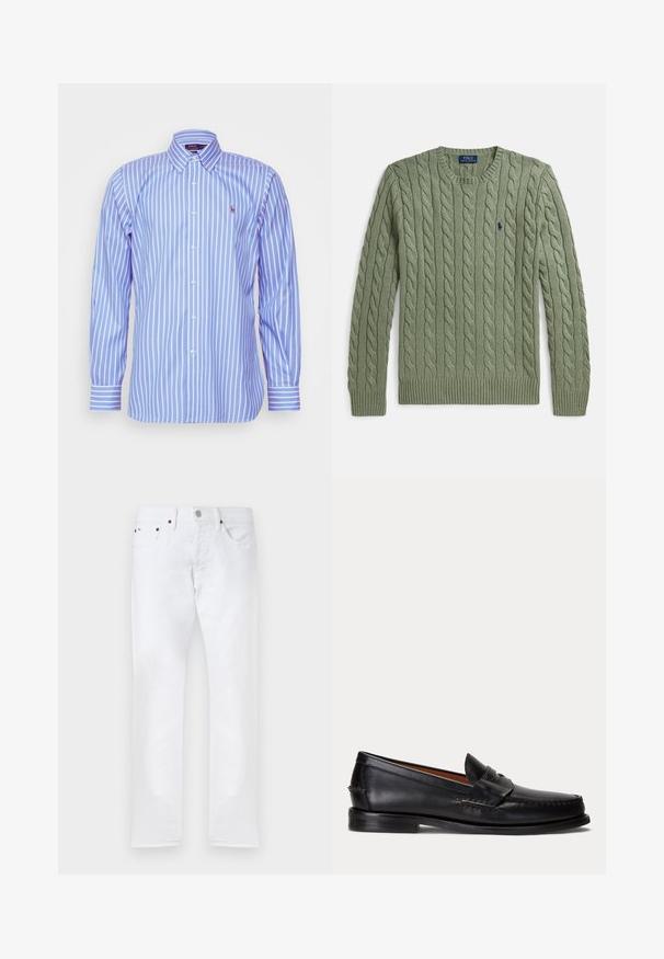 Vihreä palmikkoneulepaita, jossa pyöreä pääntie, resorit hihansuissa ja helmassa, sekä pieni kirjailtu logo rinnassa. Rakenteeltaan teksturoitu ja keskivahva.; Polo Ralph Lauren CUSTOM FIT STRIPED PINPOINT OXFORD SHIRT - Vapaa-ajan kauluspaita - blue/white; Valkoiset slim-fit-farkut, joissa on viisi taskua, nappikiinnitys ja vyölenkit, esitettynä tasaisesti valkoisella taustalla.; Musta nahkainen loafer-malli, jossa matala korko ja penny-yksityiskohta, kuvattuna sivulta vaaleanharmaalla taustalla.