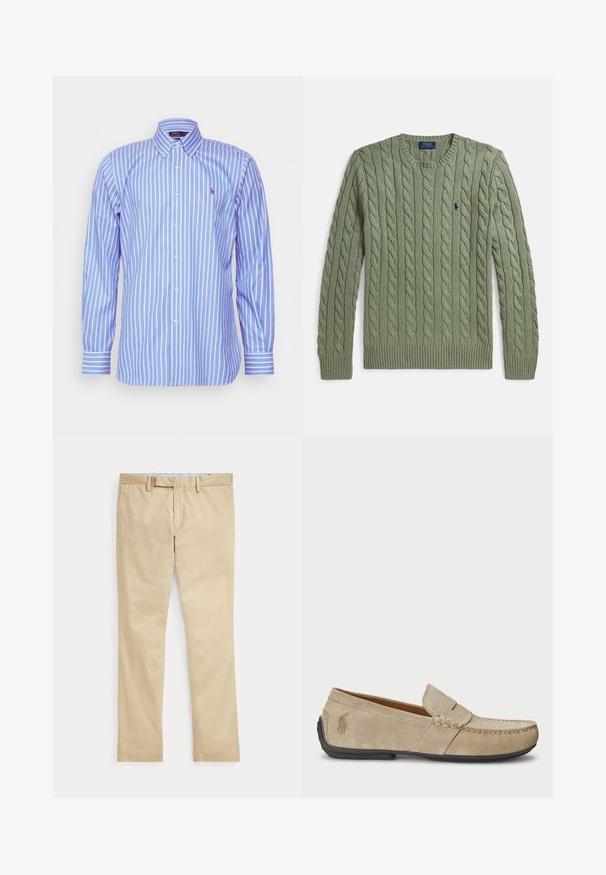 Roheline soonikkoes kampsun ümarkaeluse, soonikkoes varrukaotsade ja alläärega ning väikese rinnal oleva tikitud logoga. Tekstuuriga ja keskmise paksusega.; Polo Ralph Lauren CUSTOM FIT STRIPED PINPOINT OXFORD SHIRT - Pluus - blue/white; Beeži sirgete säärega püksid vööaasade ja ees oleva tõmblukuga, laotatud tasaselt valgele taustale.; Bež sueded loafers, mille õmblustega detailide, lame kummitald ja väike logo küljel. Klassikaline libisev disain, pehme tekstuur.