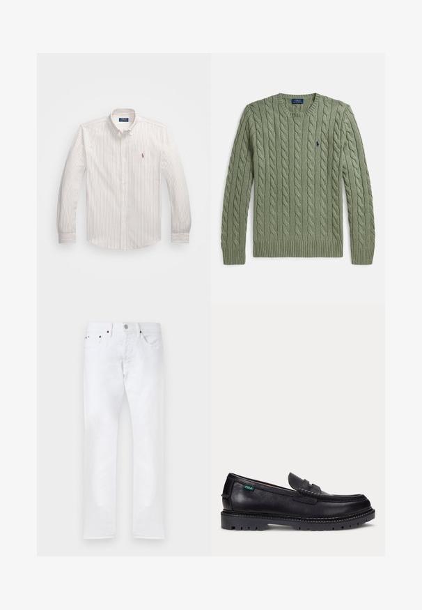 Groene kabelgebreide trui met ronde hals, geribbelde manchetten en zoom, en een klein geborduurd logo op de borst. Gestructureerd en van gemiddelde dikte.; Witte button-up blouse met dunne verticale strepen in lichtbeige. Heeft een klassieke kraag, lange mouwen en een klein geborduurd logo op de borst.; Witte slim-fit jeans met vijf zakken, knoopsluiting en riemlussen, plat gelegd op een witte achtergrond.; Zwarte leren loafer met dikke geprofileerde zool en klein groen "Polo" label aan de buitenkant bij de hiel.
