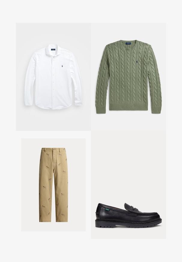 Pull vert en maille torsadée avec col rond, poignets et ourlet côtelés, et un petit logo brodé sur la poitrine. Texture et poids moyens.; Chemise blanche à manches longues en coton. Caractéristiques : col classique, coupe régulière et petit logo bleu marine sur la poitrine.; Pantalon en velours côtelé beige avec motifs brodés de chiens, coupe droite, cinq poches et fermeture à bouton devant.; Mocassin en cuir noir avec une semelle épaisse à crampons et une petite étiquette verte "Polo" sur le côté extérieur, près du talon.