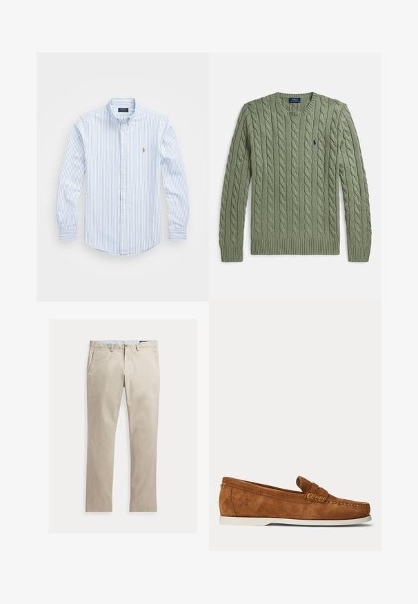 Grüner Strickpullover mit Zopfmuster, Rundhalsausschnitt, gerippten Bündchen und Saum sowie einem kleinen, gestickten Logo auf der Brust. Texturiert und mittleres Gewicht.; Hellblau und weiß gestreiftes Button-up-Hemd mit Kragen, langen Ärmeln und einem kleinen gestickten Logo auf der Brust. Aus Baumwollmaterial.; Beige Baumwollhose mit geradem Bein, Fronttaschen, Gürtelschlaufen, Knopfverschluss und Reißverschluss, flach auf weißem Hintergrund dargestellt.; Brauner Wildleder-Loafer mit weißer Sohle, Mokassin-ähnlicher Naht und kleinem eingeprägtem Logo in Fersen-Nähe auf hellem, einfarbigem Hintergrund.