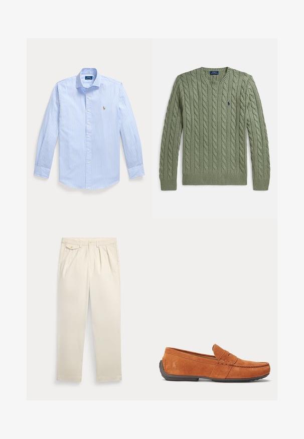 Grøn kabelstrikket sweater med rund hals, ribkanter ved ærmer og kant samt et lille broderet logo på brystet. Strukturen er tekstureret og af medium vægt.; Lyseblå langærmet skjorte med hvide lodrette striber og et lille broderet logo på venstre bryst.; Beige bukser med høj talje med bæltestropper, plisseringer, sidelommer og en knaplukket klapdetalje på den højre lomme.; Brun herre loafer i ruskind med syningdetaljer, en penny-lomme på overdelen og en mørk gummisål.