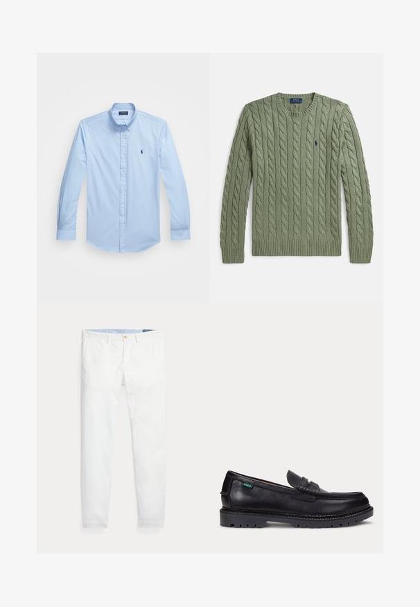 Grøn kabelstrikket sweater med rund hals, ribkanter ved ærmer og kant samt et lille broderet logo på brystet. Strukturen er tekstureret og af medium vægt.; Lys blå skjorte med knapper i bomuld, lange ærmer, spids krave og broderet logo på venstre bryst. Flad frontdesign.; Hvide bomuldschinos med slank pasform, med en enkelt guldknaplukning og lyseblåt inderliv. Glat tekstur uden mønstre.; Sort læderloafer med tyk, mønstret sål og lille grøn "Polo"-mærke på ydersiden nær hælen.