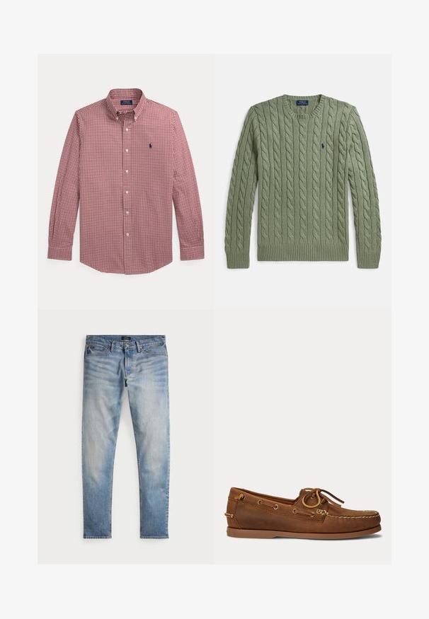Grüner Strickpullover mit Zopfmuster, Rundhalsausschnitt, gerippten Bündchen und Saum sowie einem kleinen, gestickten Logo auf der Brust. Texturiert und mittleres Gewicht.; Langärmeliges rot-weiß kariertes Hemd mit Knöpfen, Kragen und blau besticktem Logo auf der linken Brust.; Helle blaue Denim-Jeans mit einem ausgewaschenen Finish, Fünf-Taschen-Design und kontrastierenden Nähten. Mit Reißverschluss und Gürtelschlaufen. Gerade geschnitten.; Brauner Leder-Bootsschuh mit Mokassin-Naht, Schnürdetail durch Metallösen und flacher Gummisohle, seitliche Ansicht.