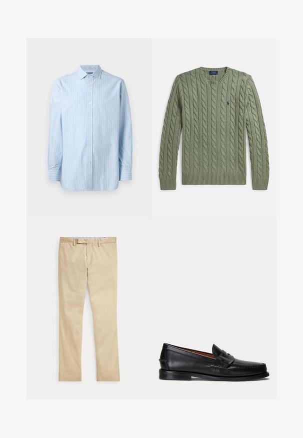 Suéter verde de punto grueso con cuello redondo, puños y dobladillo acanalados, y un pequeño logo bordado en el pecho. Textura y peso medio.; Camisa de manga larga azul claro con rayas verticales blancas, cuello con botones y cierres de botón en el frente. Tejido de algodón texturizado.; Pantalones beige de corte recto con trabillas para cinturón y cremallera frontal, colocados planos sobre un fondo blanco.; Mocasín negro de cuero con tacón bajo y detalle de correa para moneda, mostrado de lado sobre un fondo gris claro.