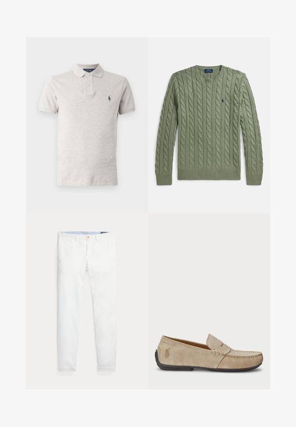 Grüner Strickpullover mit Zopfmuster, Rundhalsausschnitt, gerippten Bündchen und Saum sowie einem kleinen, gestickten Logo auf der Brust. Texturiert und mittleres Gewicht.; Hellgraues Poloshirt aus Baumwolle mit einem klassischen Kragen, einer Knopfleiste mit zwei Knöpfen, kurzen Ärmeln und einem kleinen grünen Logo auf der Brust.; Weiße Baumwoll-Chinos mit schmaler Passform, ausgestattet mit einem einzigen goldfarbenen Knopfverschluss und einem hellblauen inneren Bund. Glatte Textur ohne Muster.; Beige Wildleder Slipper mit gesticktem Detail, flacher Gummisohle und kleinem Logo an der Seite. Klassisches Slip-On-Design, weicher Textur.