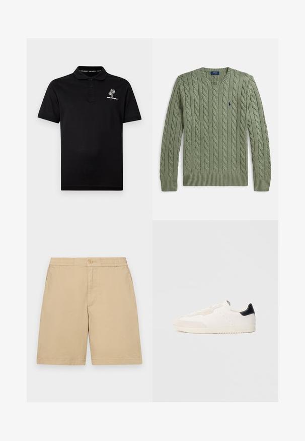 Pull vert en maille torsadée avec col rond, poignets et ourlet côtelés, et un petit logo brodé sur la poitrine. Texture et poids moyens.; Polo noir à manches courtes avec trois boutons, logo palmier blanc et texte "KARL LAGERFELD" sur le côté gauche de la poitrine.; Shorts en coton beige avec une coupe régulière, taille élastique, fermetures à boutons et poches latérales. Texture lisse, design à mi-cuisses.; Baskets en cuir blanc avec accents en daim, dotées d'un talon noir, d'un design à lacets, de détails perforés et d'un marquage subtil sur le côté.