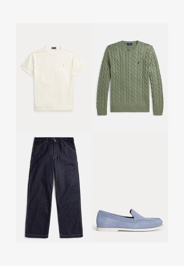 Grøn kabelstrikket sweater med rund hals, ribkanter ved ærmer og kant samt et lille broderet logo på brystet. Strukturen er tekstureret og af medium vægt.; Flødefarvet bomulds-T-shirt med korte ærmer. Har et diskret broderet logo på venstre bryst og rund hals.; Mørkeblå denimjeans med lige ben, kontrastsyninger, bæltestropper og forlommer, lagt fladt på en hvid baggrund.; Lyseblå ruskindslipper med hvid sål, syningdetaljer og slip-on-stil vist fra siden på en ensfarvet baggrund.