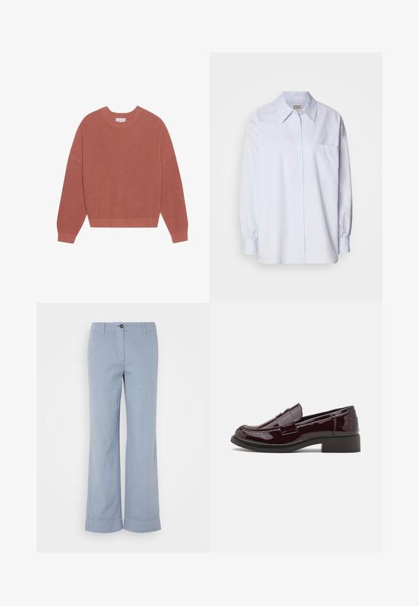 Overdimensioneret, ribbet sweater i afdæmpet pink, med rund hals, lange ærmer og en tætsiddende kant. Fremstillet af et blødt, struktureret strikstof.; Lyseblå skjorte med knapper lavet af bomuld. Har en spids krave, lange ærmer og en enkelt brystlomme. Glat tekstur.; Lysblå linnedragter med lige ben, knaplukning og opretstående kant. Glat tekstur, designet til afslappet brug.; Bordeaux patenterede læderslippers med en lav blokhæl, der har traditionel syning og en stropdetalje over forfoden.