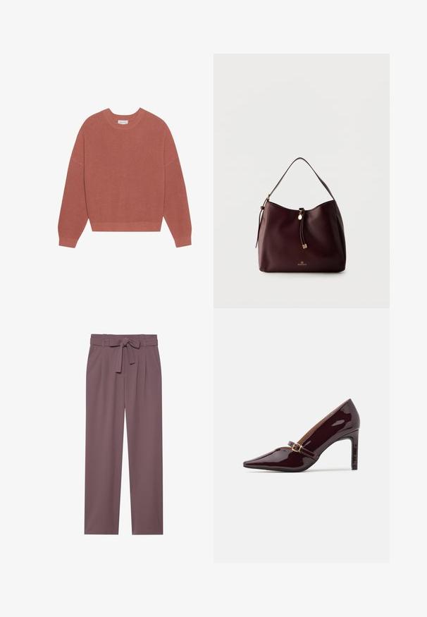 Overdimensioneret, ribbet sweater i afdæmpet pink, med rund hals, lange ærmer og en tætsiddende kant. Fremstillet af et blødt, struktureret strikstof.; Plumfarvede bukser med bred benstørrelse, bæltet talje, plisseret front og glat tekstur. Har sidelommer og skræddersyet design.; Patenteret bordeaux højhælet sko med spidse tæer, ankelrem med guldhardware og en slank, poleret finish. Hævet stilettohæl.; Mørkebrun skuldertaske i læder med fletdet kvast, gulddetaljer og Anna Field-logo foran mod en ensartet lys baggrund.