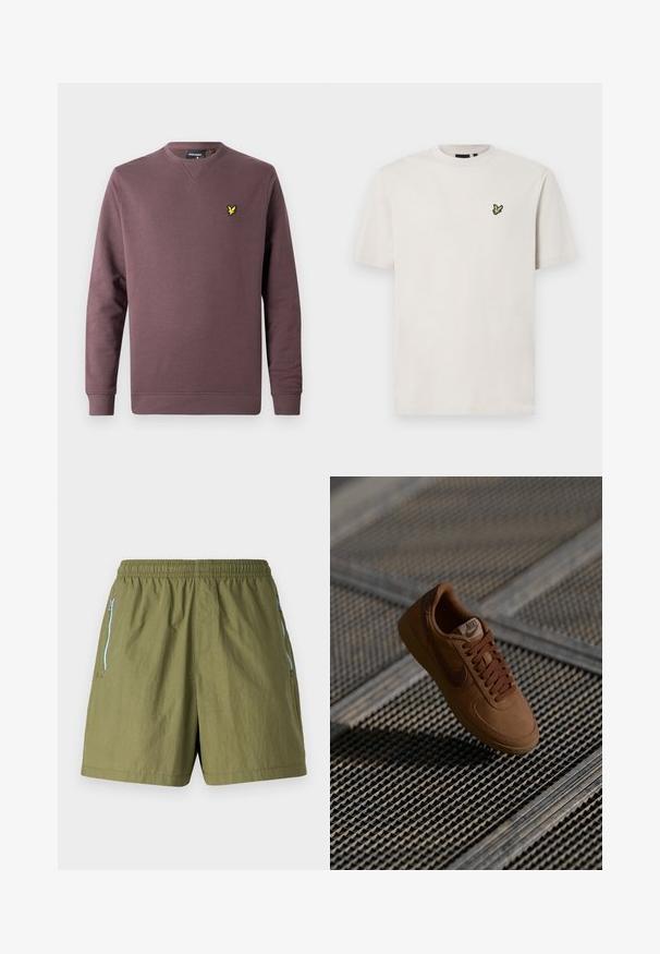 Sudadera granate de algodón, con cuello redondo, mangas largas y logo de un pájaro amarillo en el pecho izquierdo. Diseño sencillo, color sólido.; Camiseta de algodón color beige claro con cuello redondo y mangas cortas, que presenta un pequeño logo bordado de un pájaro en el lado izquierdo del pecho.; Pantalones cortos verde oliva con cinturilla elástica, bolsillos con cremallera en los laterales y una tela ligera y texturizada.; Zapatillas de ante marrón con detalles de malla, punta redonda y cordones planos. Presentan una suela de goma beige y un sutil logo de Nike en el lateral.