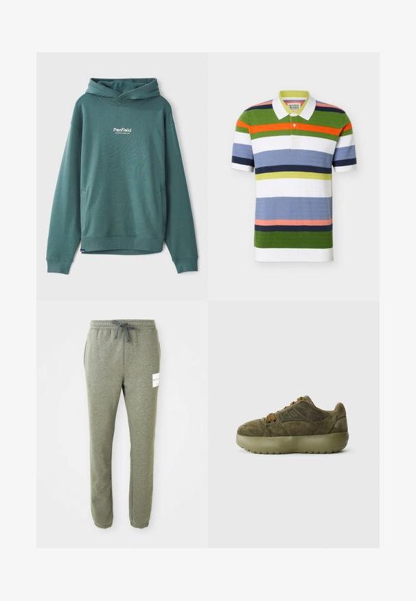 Grøn hætte sweatshirts lavet af bomuldsblandingsstof, med en frontlomme, ribbede manchetter og broderet hvidt logo på brystet.; Kortærmet polo med vandrette striber i grøn, orange, hvid, blå, marineblå og pink, med hvid krave og knappet slids.; Heather grå tapered sweatpants med elastik i taljen, snørebånd, sidelommer, ankelflæng og et lille hvidt mærke på højre lår.; Oliven grøn suede sneakers med en kraftig gummisål, rund tå og brune snørebånd. Har præget design på siden.