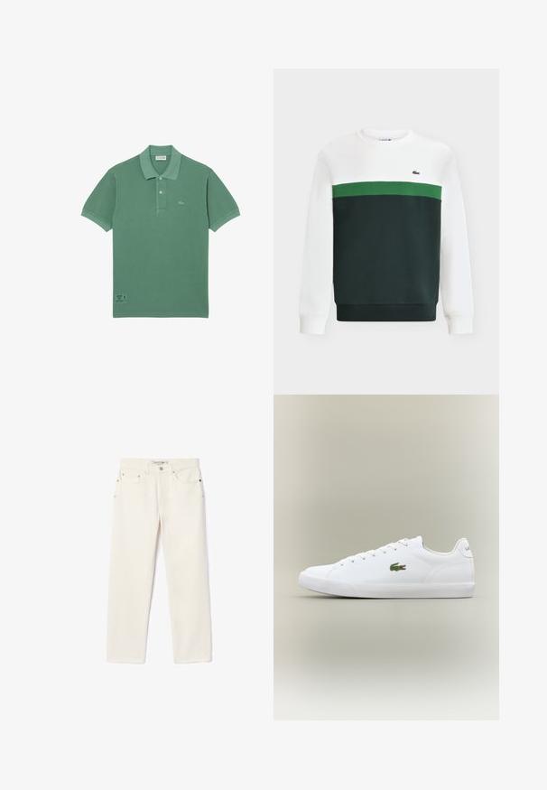 Sudadera con parte superior y mangas blancas, sección inferior verde oscuro y una franja horizontal verde a través del pecho con un pequeño logotipo de cocodrilo.; Camisa polo de algodón verde con un clásico cierre de tres botones, mangas cortas y un pequeño logo en el lado izquierdo del pecho.; Jeans de mezclilla de color crema con corte recto, que cuentan con dos bolsillos frontales, un cierre de botón y un sutil logo cerca de la cintura.; Zapatillas de cuero blanco con suela de goma texturizada, que presentan un logo de cocodrilo bordado en verde en el lateral y una imagen de marca minimalista.