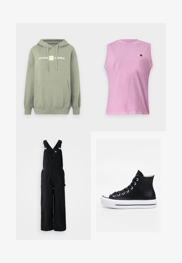 Groene hoodie met een buidelzak, capuchon met trekkoord en een wit Nike Shox-logo op de borst. Gladde stof, comfortabele pasvorm, geribbelde boorden.; Mouwloze lichtpaarse shirt met ronde hals en Carhartt logo op de linkerborst, weergegeven op een effen achtergrond.; Zwarte denim dungarees met brede pijpen, verstelbare schouderbanden, een voorktas en zilveren hardware-accenten. Glad van textuur, minimaal ontwerp.; Zwarte hoge sneaker met witte neuskap en zool, zwevend boven betonnen traptreden in een stedelijke buitenomgeving.