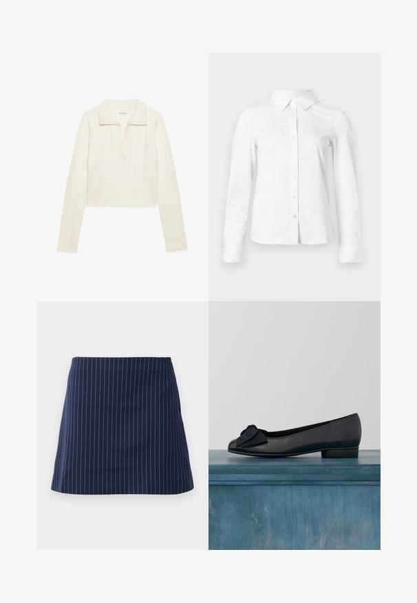 Pull court en crème, présentant un motif en maille torsadée, un large col et des poignets côtelés. Fabriqué à partir d'un tissu doux et texturé.; Chemise blanche à manches longues avec boutons, col pointu, ourlet droit et silhouette ajustée, présentée sur un fond clair uni.; Jupe bleu marine avec de fines rayures verticales blanches et une coupe droite au-dessus du genou, présentée sur un fond blanc uni.; Ballerines en cuir noir avec un bout arrondi, dotées d'un cap en cuir verni et d'un accent de nœud en tissu à l'avant. Talon bas et robuste.