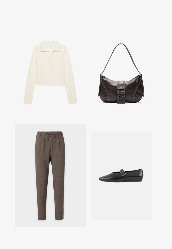 Afskåret sweater i creme, med et kabelstrikket mønster, bred krave og ribbede manchetter. Lavet af blødt, tekstureret stof.; Brune tapered bukser med snøre i taljen og båndsøm, lavet af tekstureret stof, vist på en hvid baggrund.; Sorte læder flade sko med spidse tæer, prydet med en metallisk spænde over vristen og en lav, fleksibel sål.; Brun læder skuldertaske med en buet form, der har et fremtrædende spænde, kontrasterende syninger og en enkelt skulderrem.