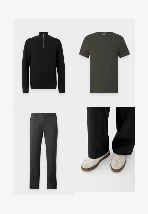 Sort strikket langærmet pullover med høj krave og halvmåne sølv lynlås på hvid baggrund.; Mørkegrøn kortærmet t-shirt med rund halsudskæring, lavet af ribbet materiale; har et enkelt, minimalistisk design uden mønstre.; Sorte bukser lavet af glat stof, med lige ben design, frontlommer og knaplukning. Minimalistisk og alsidig stil.; Fødder iført beige sneakers med brune såler og sorte bukser med vide ben på hvid baggrund.