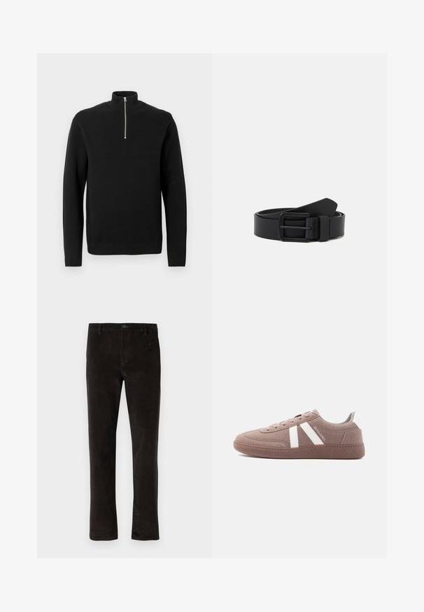 Pull-over en tricot noir à manches longues avec un col montant et une fermeture éclair argentée au demi-devant sur fond blanc.; Pantalons en velours côtelé noir avec une coupe droite, dotés d'une fermeture à un seul bouton et d'une texture subtile. Style minimaliste sans motifs visibles.; Baskets décontractées en daim marron avec rayures blanches, lacets, semelle texturée et logo "JACK & JONES" sur le côté.; Ceinture en cuir noir avec une finition mate, boucle en métal rectangulaire et texture lisse. Présente un design épuré sans motifs visibles.