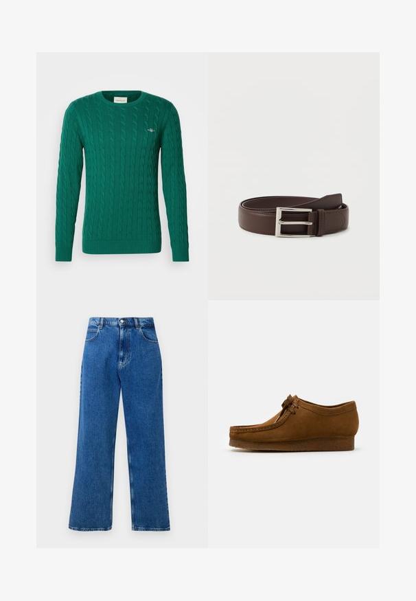 Grøn strikket sweater med kabelmønster, rund halsudskæring og ribbede manchetter. Lille logodetalje på brystet, lavet af blødt stof.; Blå højtaljede, brede denimjeans med frontknap og lynlås, bæltestropper og fem lommer.; Brune ruskind sko med rund tå og lav hæl, detaljeret syning langs sømmene og snørelukning fortil. Blød tekstur med strømlinet design.; Mørkebrun læderbælte med sølvfarvet rektangulær spænde, pænt snoet på en ensfarvet hvid baggrund.