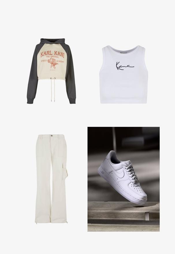 Nedskåret hoodie med cremegulv og grå ærmer. Har en snøre i kanten, trykt logo og et fuglegraphic i rustfarve.; Hvid ribstrikket cropped top med rund halsudskæring og sort broderet logo foran. Tætsiddende pasform, der sidder tæt til kroppen.; Beige cargo bukser lavet af et let materiale, med en sidelomme, lige ben design og justerbare snorekanter.; Hvid Nike Air Force 1 sneaker svævende over en betonoverflade med skygger i et minimalistisk miljø.