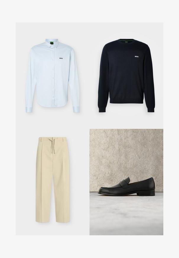 Pull en maille bleu marine à manches longues avec col rond, équipé de poignets et d'un ourlet côtelés, arborant un petit logo blanc "BOSS" sur la poitrine gauche.; Chemise bleu clair à manches longues, boutonnée avec col, logo noir "BOSS" sur le côté gauche de la poitrine, et poignets avec boutons.; Pantalon beige droit avec passants pour ceinture et nouage à l'avant, présentant un design épuré et ajusté ainsi qu'un tissu texturé.; Mocassin en cuir noir flottant au-dessus d'un tapis beige avec une table ronde brune brillante en arrière-plan.