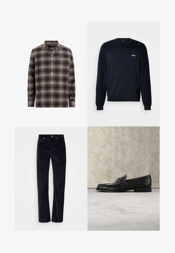 Pull en maille bleu marine à manches longues avec col rond, équipé de poignets et d'un ourlet côtelés, arborant un petit logo blanc "BOSS" sur la poitrine gauche.; Chemise à carreaux brune et grise en tissu léger, avec un col évasé, fermeture à boutons et un logo brodé sur la poitrine.; Pantalons en velours côtelé noir avec une coupe droite. Présentent une fermeture à bouton et un style à cinq poches. Tissu texturé à côtes.; Mocassin en cuir noir avec mors en métal doré et logo "HUGO", présenté sur un tapis beige et un meuble translucide marron.
