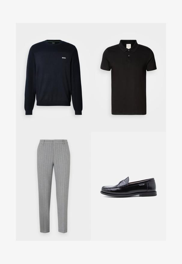 Tumed sinine pikkade varrukatega crewneck-sviiter, millel on soonikilised mansetid ja alläär, ning vasakul rinnal väike valge "BOSS" logo.; Must musta särk, mis on valmistatud siledast kangast, klassikalise kraega. Särgil on kaeluses kaks nuppu, lühikesed varrukad ja rinnaesisel diskreetne logo.; Hallid triibulised püksid, mis on lõigatud istuvaks, ees lame ja külgedel taskud. Valmistatud siledast kangast, millel on õrn läige.; Mustad nahast mokassiinid läikiva viimistlusega, millel on varbale õmmeldud muster ja madal, tekstuuriga must kummist tallaosa.