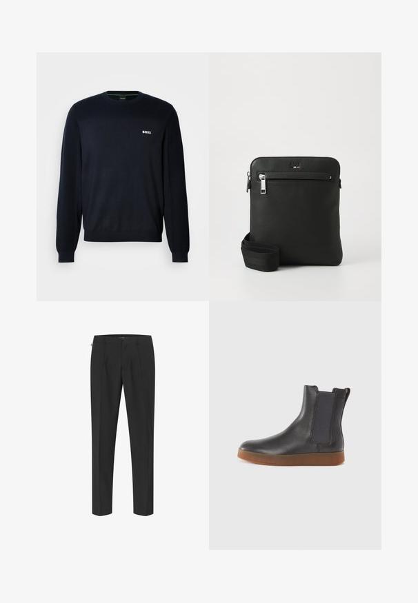 Tumed sinine pikkade varrukatega crewneck-sviiter, millel on soonikilised mansetid ja alläär, ning vasakul rinnal väike valge "BOSS" logo.; Mustad mustreeritud mustad püksid, millel on sujuv disain, ees voldid, sirged jalad ja sile tekstuur. Minimalistlikud detailid ja nähtavaid mustreid pole.; Mustade nahast pahkluu saapad elastsete külgpaneelidega, ümar varvas ja pruun kummitald. Sile tekstuur ja elegantne disain, minimaalne dekoratsioon.; Must nahast ristihoidja, lame disain, struktuurne pind, luku kinnis, esmine tasku ja reguleeritav kangast rihm.