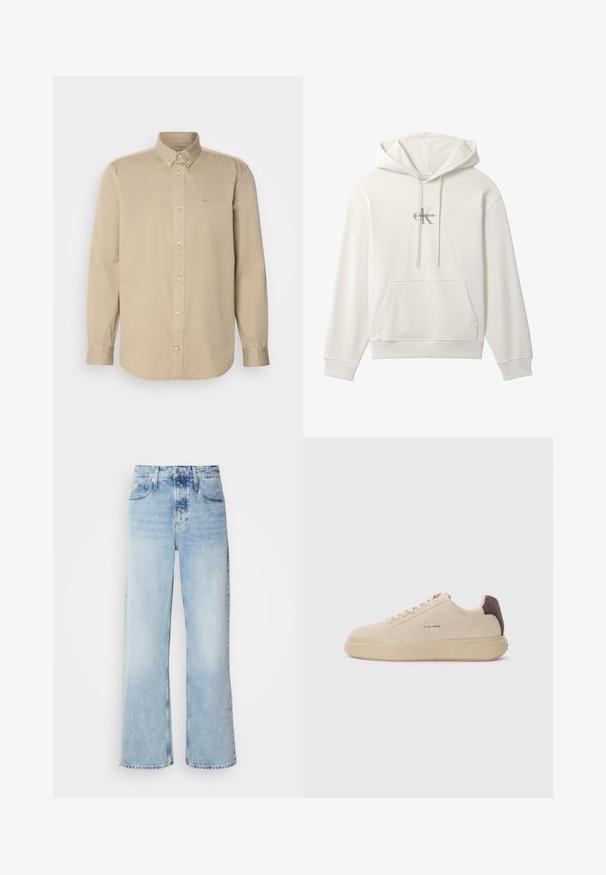 Weißes Kapuzensweatshirt mit Fronttasche und Kordelzug, mit kleinem Calvin Klein Logo in der Mitte der Brust.; Beige Langarmhemd aus Baumwolle mit Button-Down-Kragen, Vorderknopfverschluss und kleinem gesticktem Logo auf der Brust.; Helle blaue weite Jeans mit hoher Taille, in verwaschenem Finish, mit Gürtelschlaufen und klassischem Fünf-Taschen-Design. Der Saum ist ungesäumt.; Beige Wildleder-Sneaker mit runder Spitze, Schnürung vorne und einem braunen Wildlederakzent an der Ferse. Verfügt über eine strukturierte Gummisohle.