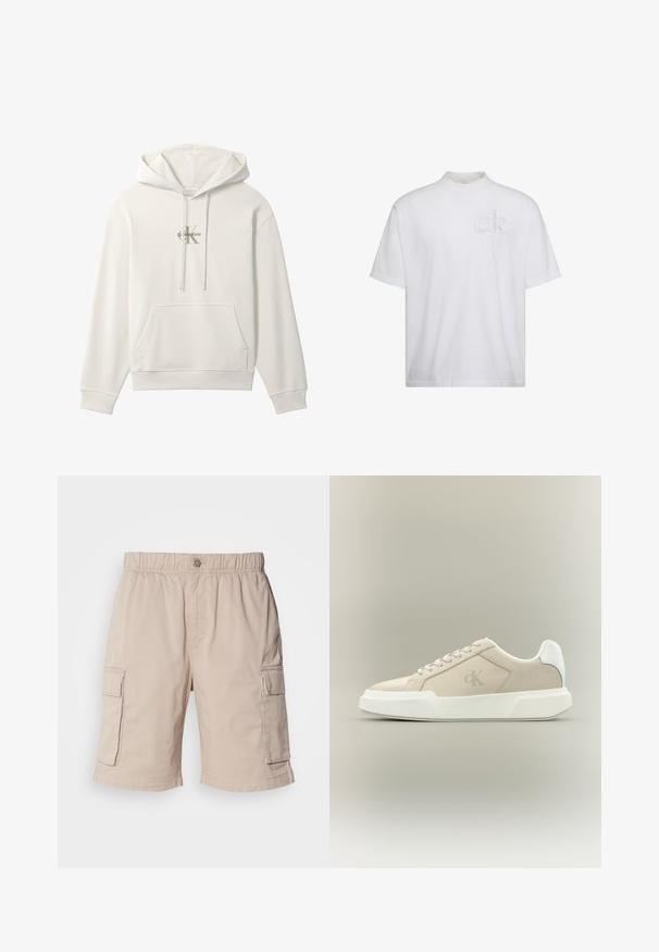 Hvid hættetrøje med frontlomme og snore, med et lille Calvin Klein-logo i midten af brystområdet.; Hvid T-shirt med korte ærmer og høj hals, med subtilt hævet "ck" logo på venstre bryst.; Beige cargo shorts med elastisk talje, knaplukning, to sidelommer og ekstra lommer på lårene. Letvægtsstof.; Beige lavtopsneaker med tyk hvid sål, snørebånd, hvid hælkappe og diskret CK-logo på sidepanelet.