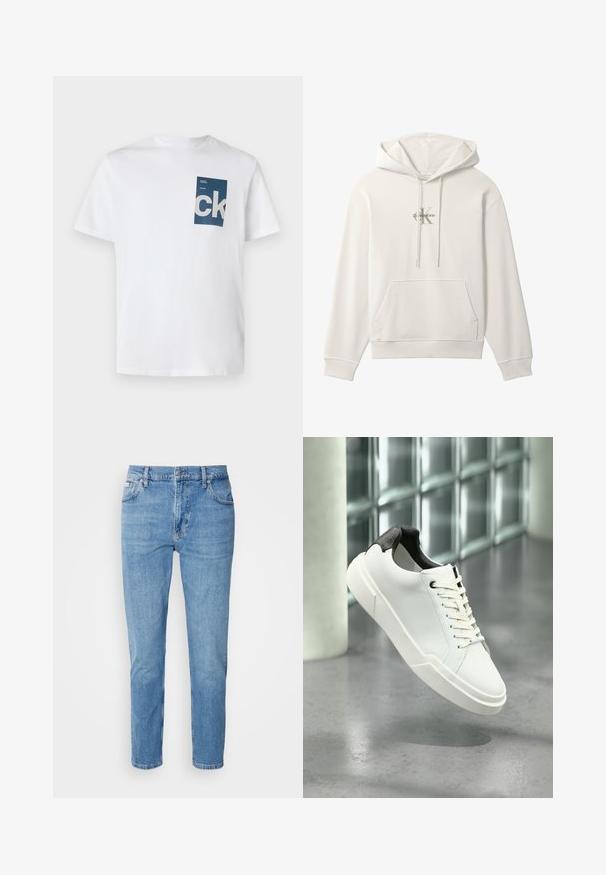 Biela mikina s kapucňou, predným vreckom a šnúrkami, so malým logom Calvin Klein v strede hrudníka.; Biela bavlnená tričko s modrou obdĺžnikovou náprsníčkom a bielym logom "ck" a textovými detailmi. Krátke rukávy, okrúhly výstrih, bežný strih.; Svetlomodré džínsy s rovný strih, dizajn s piatimi vreckami a jemným vyblednutím. Obsahujú zapínanie na gombík a pútka na opasok.; Biela nízka teniska s čiernou textúrovanou pätkou, bielymi šnúrkami a hrubou podrážkou na leštenej betónovej podlahe pri sklenených blokoch.