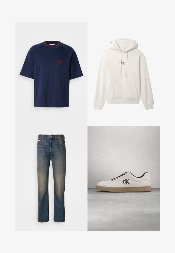 Biela mikina s kapucňou, predným vreckom a šnúrkami, so malým logom Calvin Klein v strede hrudníka.; Námornícky modré bavlnené tričko s krátkymi rukávmi, okrúhlym výstrihom a bordovými akcentmi. Na ľavej strane hrude sa nachádza vyšívané logo "Calvin Klein".; Džínsy s vysokým pásom v modrej farbe, vyrobené z denimového materiálu, s rovnými nohavicami, s bledými poškodenými miestami a tradičným štýlom piatich vreciek.; Biela teniska s hnedými akcentmi, z materiálu semišu, s plochými šnúrkami a gumovou podrážkou. Na boku je logo a hladká textúra.